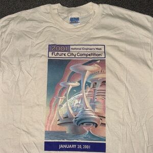 Vintage White Graphic Tee with Blue and Purple Futuristic Print